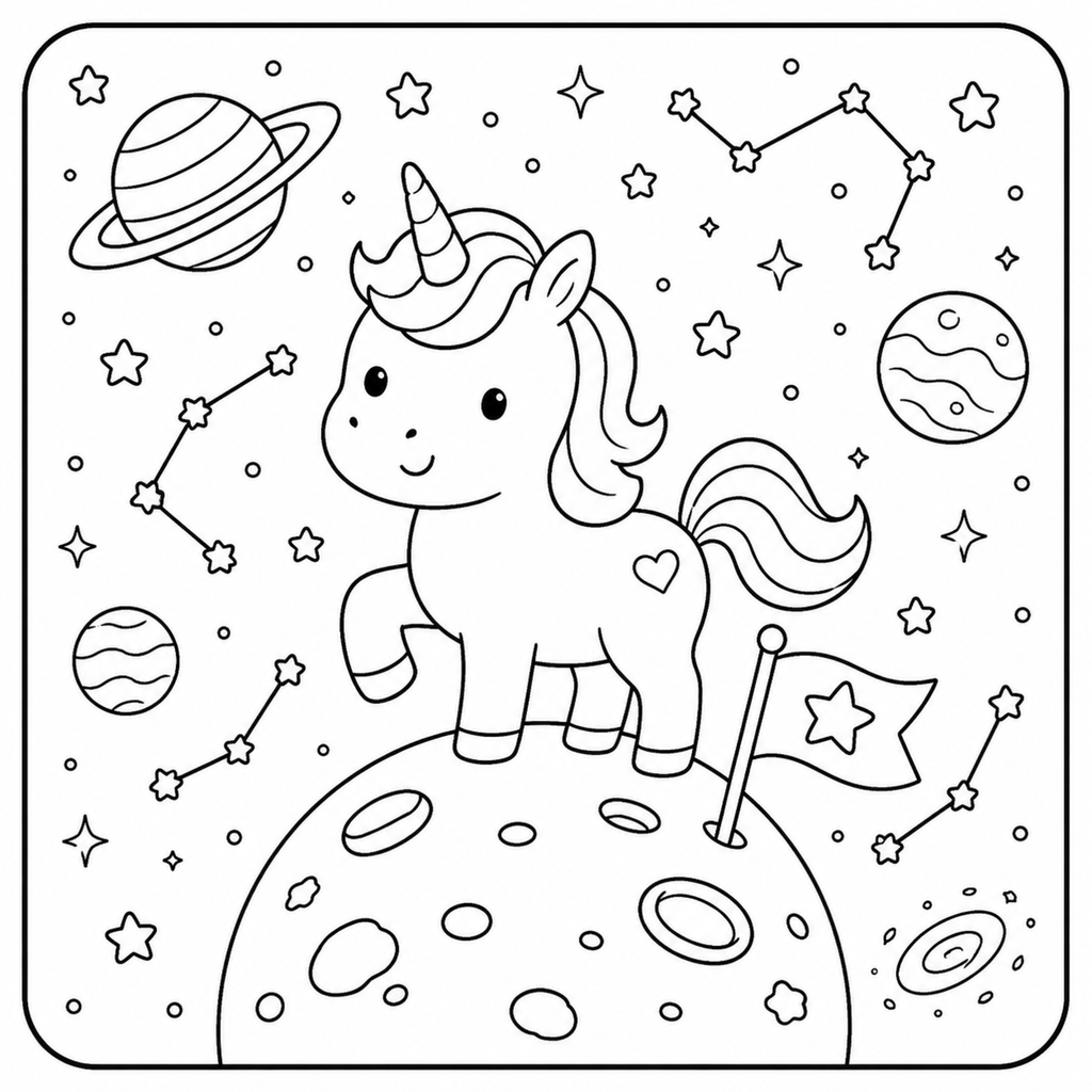 Kawaii Unicorn Space Coloring Book — 30 Pages