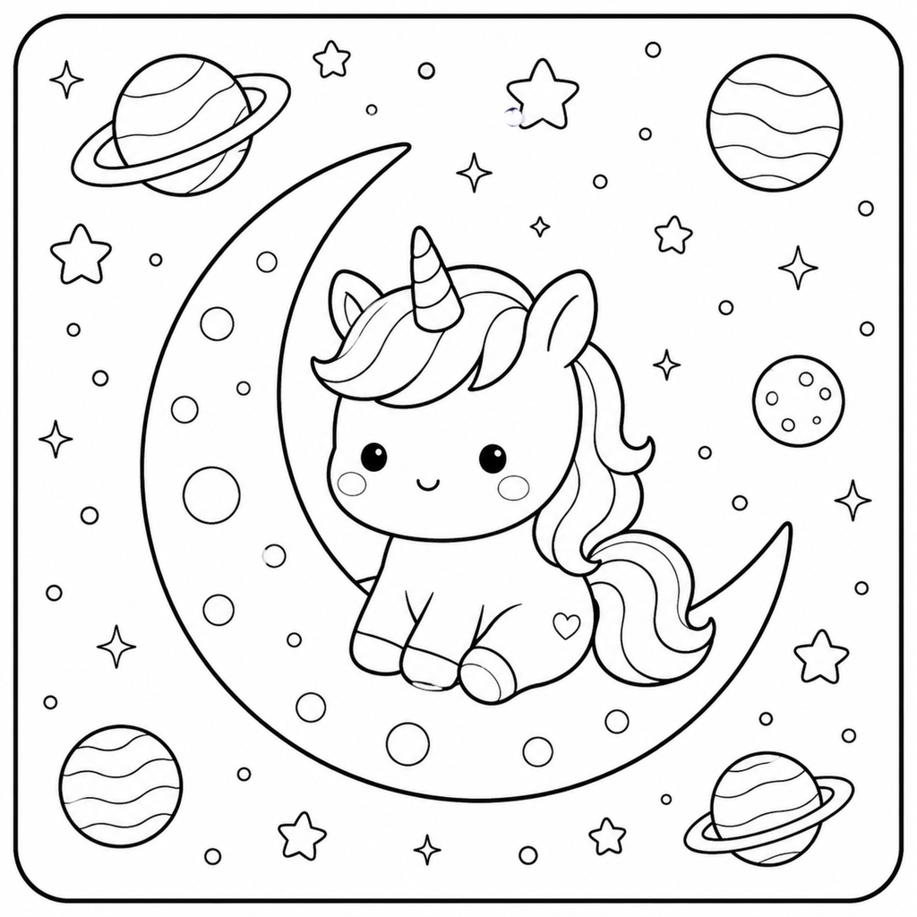 Kawaii Unicorn Space Coloring Book — 30 Pages