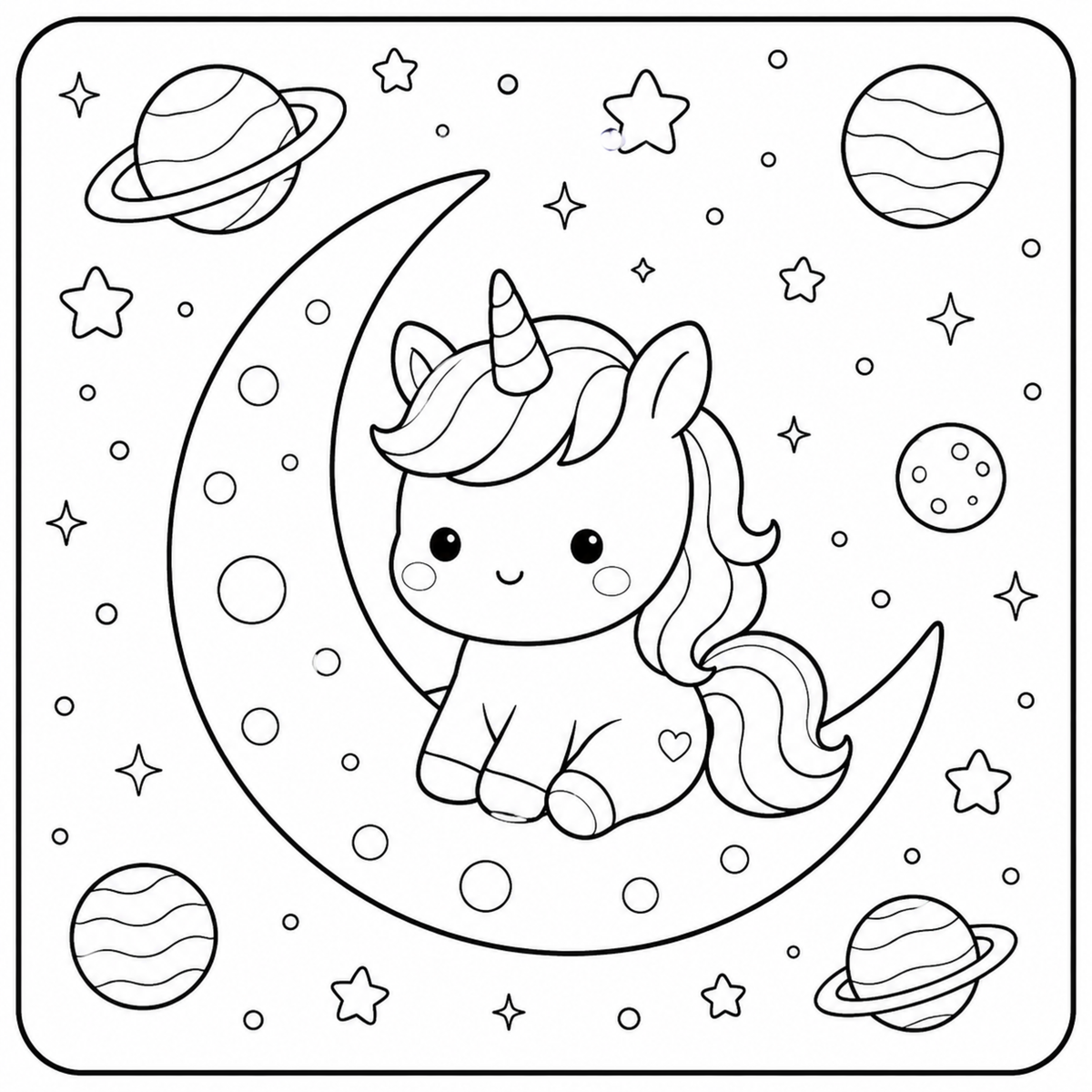 Kawaii Unicorn Space Coloring Book — 30 Pages
