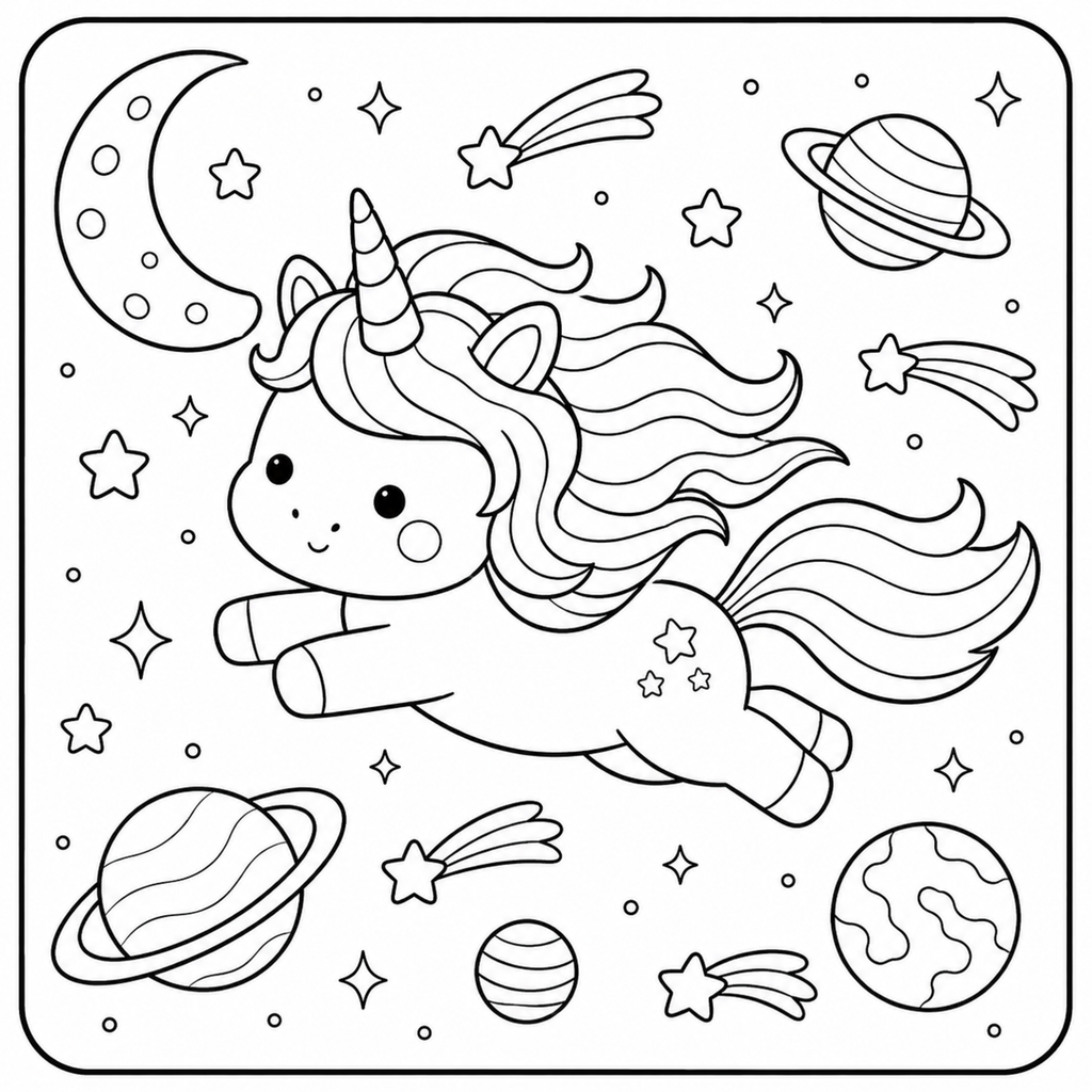 Kawaii Unicorn Space Coloring Book — 30 Pages