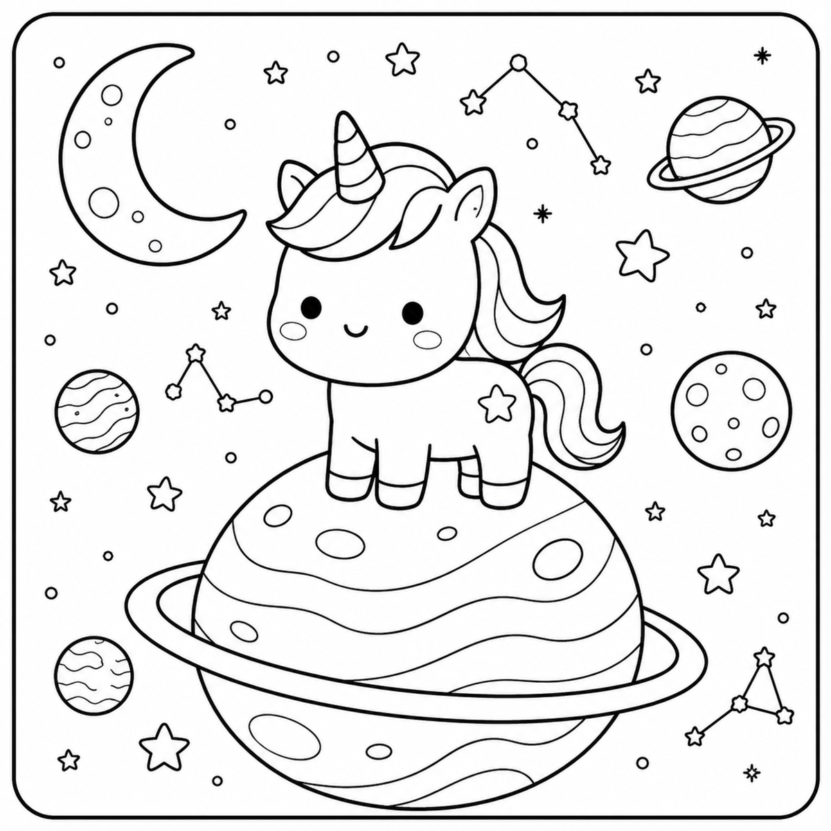 Kawaii Unicorn Space Coloring Book — 30 Pages